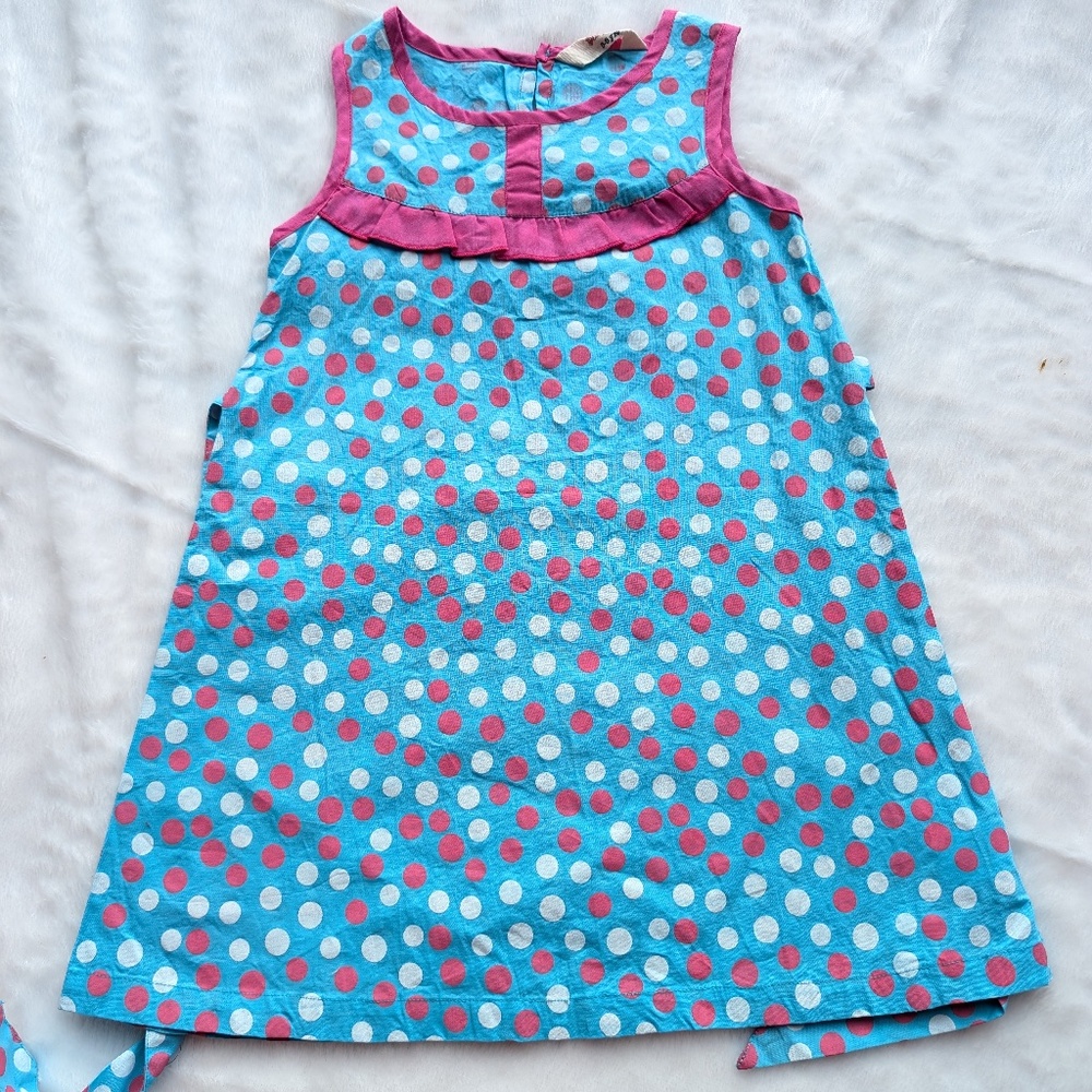 Blue Sleeveless Girls’ Dress with Pink & White Polka Dots – Fun Summer Outfit 5T